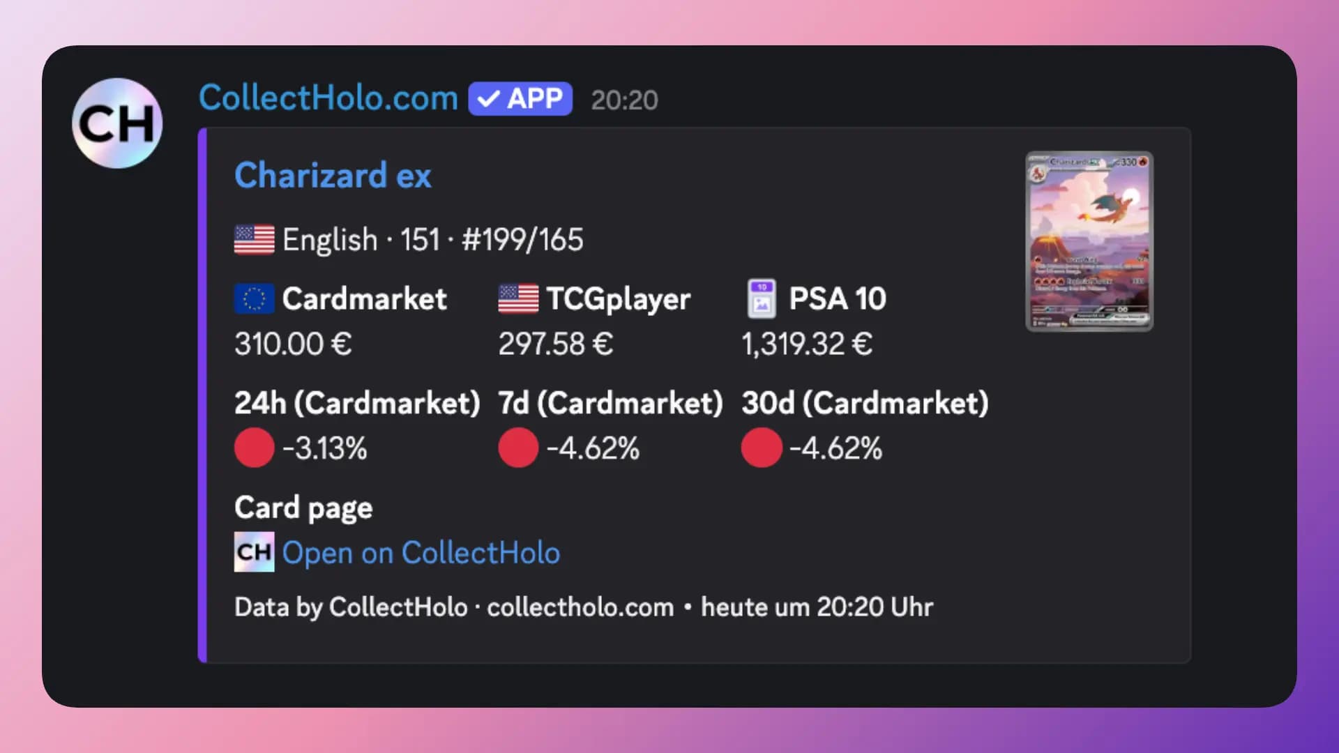 CollectHolo Discord response for Charizard ex with Cardmarket, TCGplayer and PSA 10 prices.